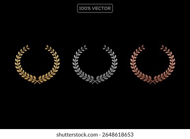 Gold award laurel wreath and set of different golden, silver, and bronze laurel wreaths vector illustration.
