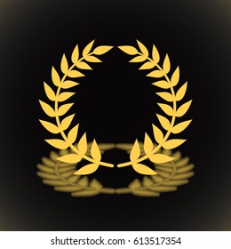 Gold award laurel wreath with shadow on black background.
