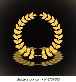 Gold award laurel wreath with shadow on black background.