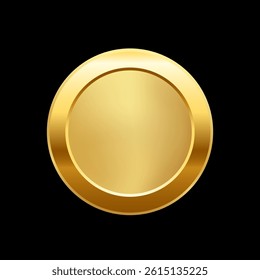 Gold award medal. 3d golden metal winner emblem. Round button, stamp, frame, seal, badge, prize, trophy design element. Vector illustration isolated on black.
