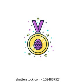 Gold award medal decorated with egg symbol on isolated background. Spring christian holiday celebration sign, image, pictogram, badge. 