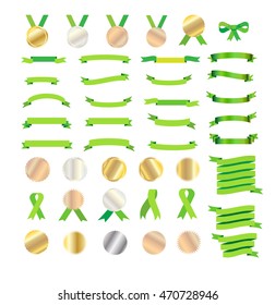 Gold Award medals green ribbons and bow tie, tied ribbon set. Rio. Set of green, gold silver bronze medal ribbon icon, labels isolated 2023 Ribbons sign. Ribbon logo Vector illustration Ribbon banners