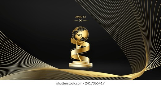 Gold award on the podium on a black background. Vector.