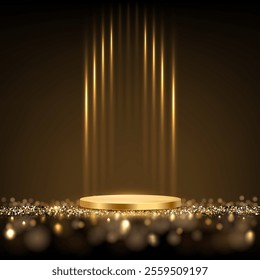 Gold award podium background. Empty 3d golden stage with glowing light rays and glitter confetti floor on black background. Luxury product presentation, winner ceremony. Abstract vector illustration.