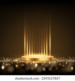 Gold award podium background. Empty 3d golden stage with glowing light rays and glitter confetti floor on black background. Luxury product presentation, winner ceremony. Abstract vector illustration.