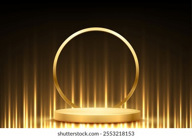 Podio de premio de oro con marco redondo eléctrico. Etapa dorada 3d vacía con rayos de luz brillantes sobre fondo negro. Ilustración vectorial Abstractas para la ceremonia de entrega de premios o presentación de productos.