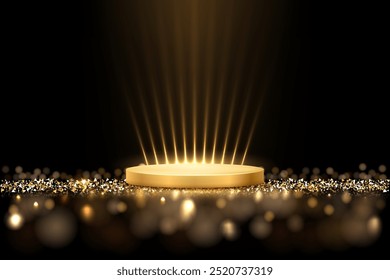 Gold award podium. Empty 3d golden stage with glowing light rays on glitter floor. Luxury product presentation, glamour design beauty industry, winner ceremony. Abstract vector illustration on black.