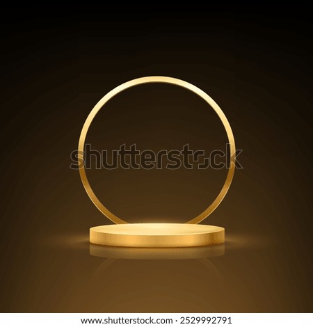 Gold award podium. Empty 3d golden empty stage with light glowing round frame. Luxury product presentation, winner ceremony, trophy prize. Abstract vector illustration.