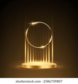 Gold award podium. Empty golden round stage with glowing light rays and circle frame on black background. Luxury product presentation, glamour design for beauty industry. Abstract vector illustration.