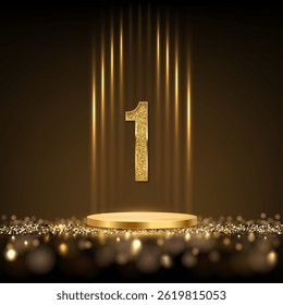 Gold award podium with glowing light rays and number 1 isolated on black background with glitter and confetti. Winner ceremony. Abstract vector illustration.