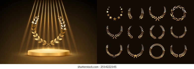 Gold award podium with laurel wreath and set of different golden laurel wreaths vector illustration. Luxury templates for glamour product presentation, winner ceremony.