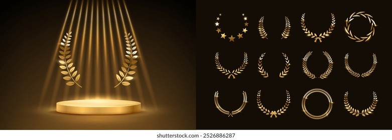 Gold award podium with laurel wreath and set of different golden laurel wreaths vector illustration. Luxury templates for glamour product presentation, winner ceremony.