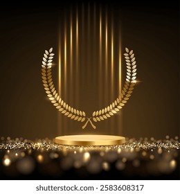 Gold award podium with laurel wreath and light rays isolated on black background. Luxury product presentation, glamour design for beauty industry, winner ceremony. Abstract vector illustration.