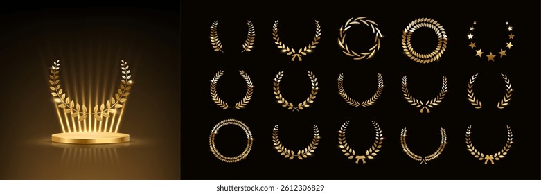 Gold award podium with laurel wreath and set of different golden laurel wreaths vector illustration. Luxury templates for glamour product presentation, winner ceremony.