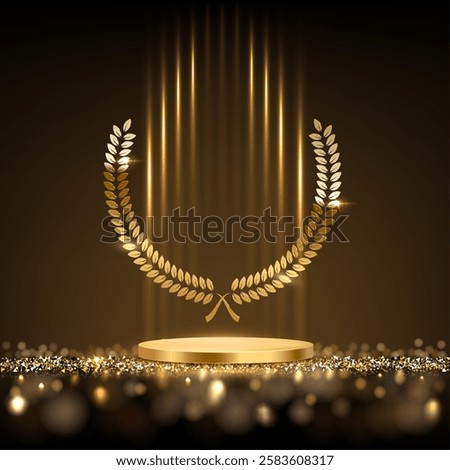 Gold award podium with laurel wreath and light rays isolated on black background. Luxury product presentation, glamour design for beauty industry, winner ceremony. Abstract vector illustration.