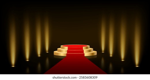 Gold award podium with red carpet and vertical light rays on dark background. Empty 3d golden stage for luxury product presentation or winner ceremony. Realistic vector illustration.