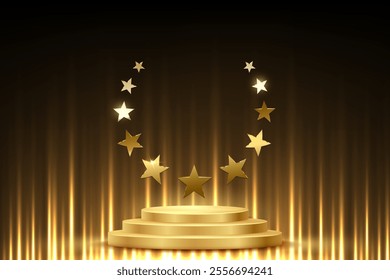 Gold award podium with star wreath frame. Empty 3d golden stage with glowing light rays on black background. Abstract vector illustration for award ceremony or product presentation.