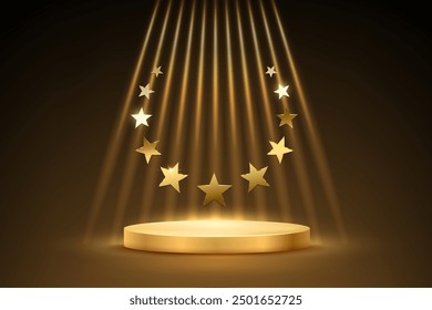 Gold award podium with stars vector illustration. Abstract empty 3d golden stage with glowing light rays and round star frame on black background. Luxury product presentation, winner ceremony.