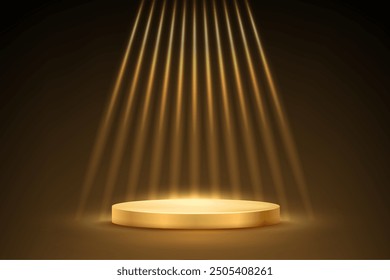 Ilustración vectorial de podio de premio de oro. Abstractas etapa dorada 3D vacía con rayos de luz brillantes sobre fondo negro. Presentación de productos de lujo, diseño de glamour para la industria de la belleza, ceremonia del ganador.