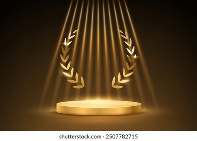 Gold award podium vector illustration. Abstract empty 3d golden stage with glowing light rays and laurel wreath isolated on black background. Luxury product presentation, winner ceremony.