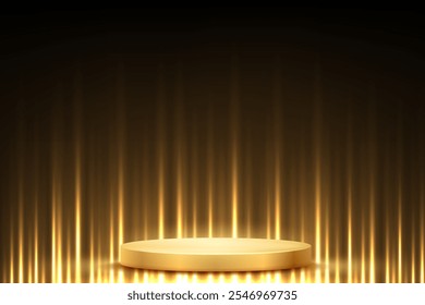 Ilustração do vetor do pódio do prêmio de ouro. Abstrato vazio 3d dourado palco com raios de luz brilhantes sobre fundo preto. Apresentação de produtos de luxo, design glamouroso para a indústria da beleza.