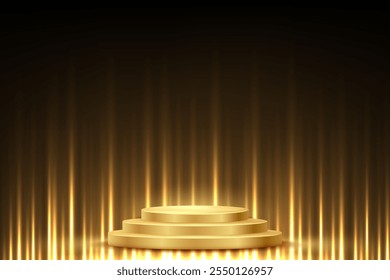 Ilustração do vetor do pódio do prêmio de ouro. Abstrato vazio 3d dourado palco com raios de luz brilhantes sobre fundo preto. Apresentação de produtos de luxo, design glamouroso para a indústria da beleza.