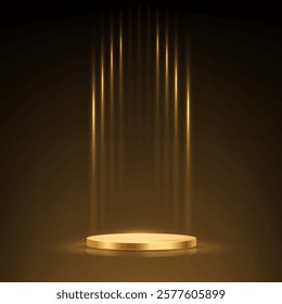 Gold award podium vector illustration. Abstract empty 3d golden stage with glowing light rays on black background. Luxury product presentation, glamour design for beauty industry, winner ceremony.