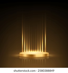 Gold award podium vector illustration. Abstract empty 3d golden stage with glowing light rays on black background. Luxury product presentation, glamour design for beauty industry, winner ceremony.