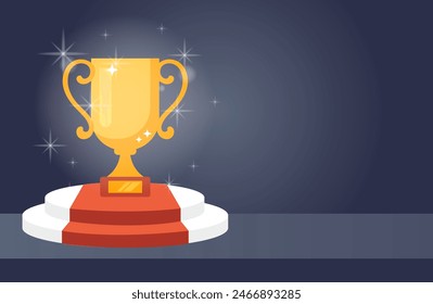 Premio de oro trofeo de felicitación de fondo copa ganador concepto de Anuncio. Ilustración de Diseño gráfico plano de Vector