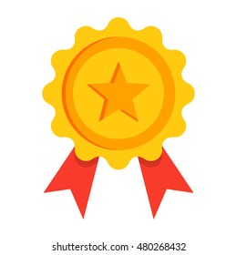 Gold award with red ribbon in flat style.