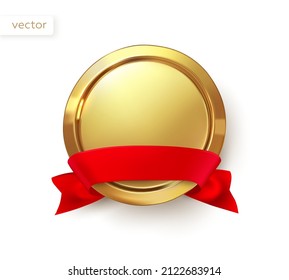 Gold award with red ribbon. Award, trophy, prize as medal. Game win. Vector realistic illustration.