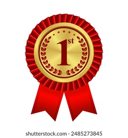 Gold award with red ribbons. Round medal Best Seller isolated on transparent background. Vector illustration EPS10