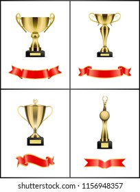 Gold award with red ribbons vector decoration. Shiny trophy cup with handles and reward statue on pedestal, with shaped and curly strings at edges