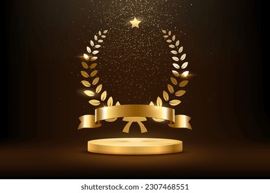 Gold award round podium with laurel wreath, ribbon, star, shiny glitter and sparkles isolated on dark background. Vector golden symbol of victory, achievement, success, rewarding of winner.