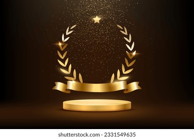 Gold award round podium with laurel wreath, ribbon, star, shiny glitter and sparkles isolated on dark background. Vector golden symbol of victory, achievement, success, rewarding of winner.