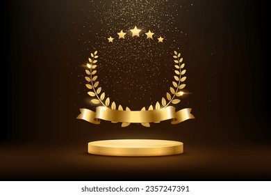 Goldenes Runde Podium mit Lorbeerkranz, Band, Stern, glänzendem Glitter und Funkeln einzeln auf dunklem Hintergrund. Vektorgoldenes Symbol für Sieg, Leistung, Erfolg, Belohnung des Gewinners.