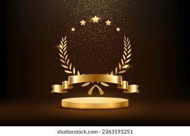 Gold award round podium with laurel wreath, ribbon, star, shiny glitter and sparkles isolated on dark background. Vector golden symbol of victory, achievement, success, rewarding of winner.