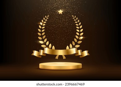 Gold award round podium with laurel wreath, ribbon, star, shiny glitter and sparkles isolated on dark background. Vector golden symbol of victory, achievement, success, rewarding of winner.