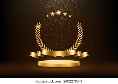 Gold award round podium with laurel wreath, ribbon, star, shiny glitter and sparkles isolated on dark background. Vector golden symbol of victory, achievement, success, rewarding of winner.