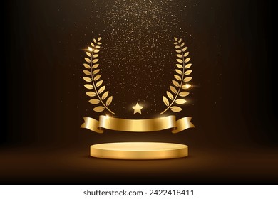 Gold award round podium with laurel wreath, ribbon, star, shiny glitter and sparkles isolated on dark background. Vector golden symbol of victory, achievement, success, rewarding of winner.