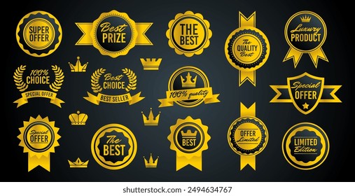 Gold award seal. Quality premium label. Best price choice stamp. Golden ribbon badge. Luxury emblem icon. Metal medal. Crown tag. Special offer round sign. Vector garish design product stickers set