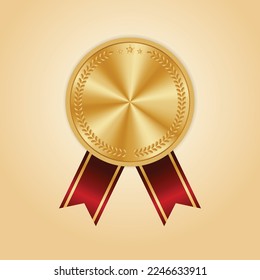 Gold award sport 1st place medal red ribbon realistic vector