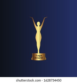 Gold award of winner cup abstract vector and logo design or template champions business icon of company identity girl or woman symbol concept