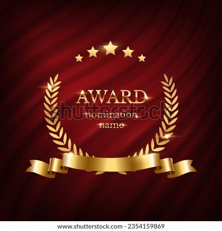 Gold award for winner vector illustration. 3D realistic luxury reward prize with golden laurel wreath and stars, nomination name and ribbon on red silk curtain with drapery, award ceremony emblem.