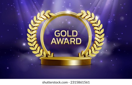 Gold award. Winning podium. Honor and triumph. Laurel wreath. Victory medal. Golden frame effect for champions. VIP decoration. Showing pedestal. Reward ceremony. Vector exact background