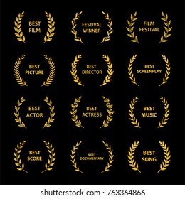 Gold award wreaths on black background. Film Awards. Vector illustration.