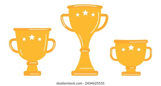 Gold awards, champion cups for winners in sport competitions. Champions awards, prize for first place in competitions. Reward appreciation set. Win, success symbol, icon.