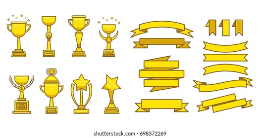 Gold awards cups medals set. Collection of golden trophies, cups, ribbons, statues for designers. A lot of awards and ribbons. vector for banner, poster, web. Isolated signs on the white background