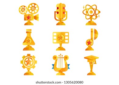 Gold awards set, various trophy and prize emblems, music, art, movie and science badge vector Illustrations on a white background