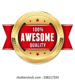 Gold awesome quality badge with red ribbon on white background
